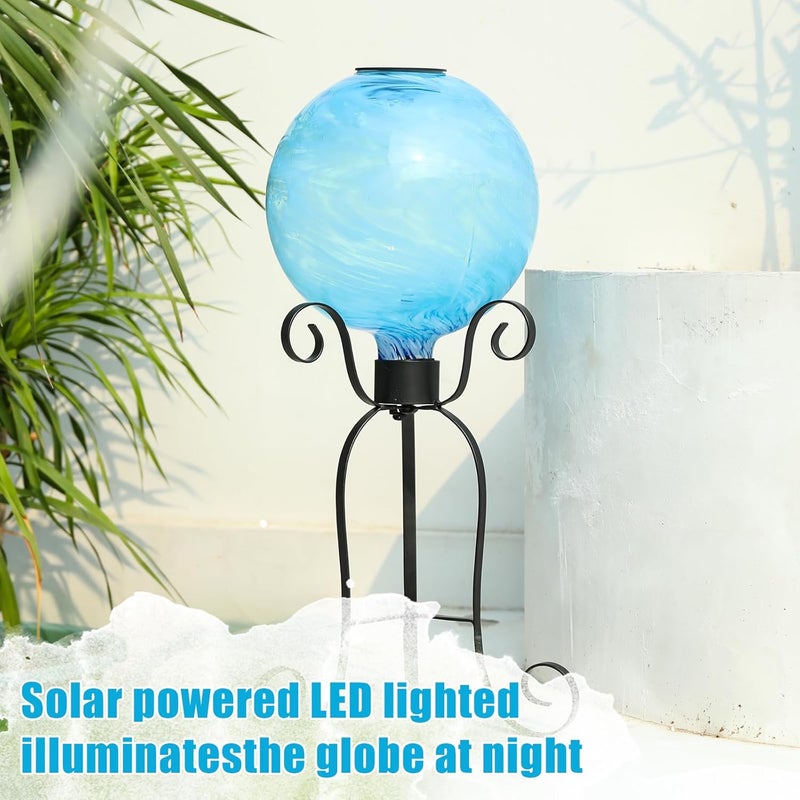 VCUTEKA Solar Gazing Ball, Glass Gazing Balls Sphere with Solar Light for Garden Lawn Outdoor Ornament Yard Decorative, White Swirl, 10" - Image 2